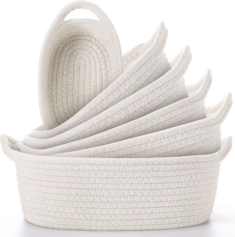 Zopeal 6 Piece Oval Storage Basket Set, Cotton Rope Woven Basket with Handle, Gift Basket, Toy Basket, Soft Baby Basket for Nursery, Cat Dog Toy Baskets, Multi Use Baskets for Home Office (Beige) in Saudi Arabia