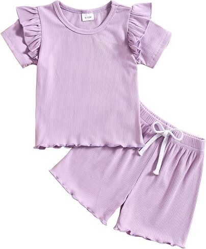 Toddler Baby Girls Summer Clothes Ribbed Knit Ruffle Short Sleeves T-shirt + Shorts Outfits Set in Saudi Arabia