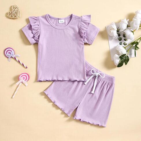 Toddler Baby Girls Summer Clothes Ribbed Knit Ruffle Short Sleeves T-shirt + Shorts Outfits Set in Saudi Arabia