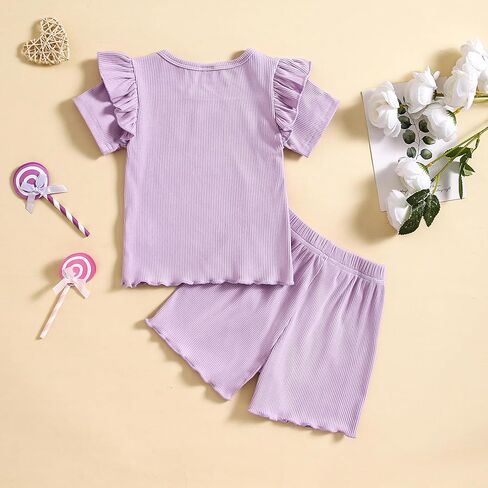 Toddler Baby Girls Summer Clothes Ribbed Knit Ruffle Short Sleeves T-shirt + Shorts Outfits Set in Saudi Arabia
