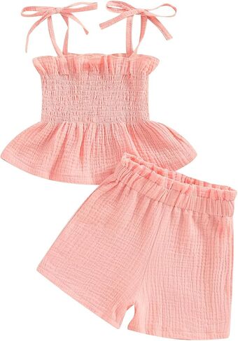Hoanselay Toddler Baby Girl Summer Clothes Sleeveless Ruffle Crop Top and Cotton Linen shorts set Solid Color Outfit in Saudi Arabia