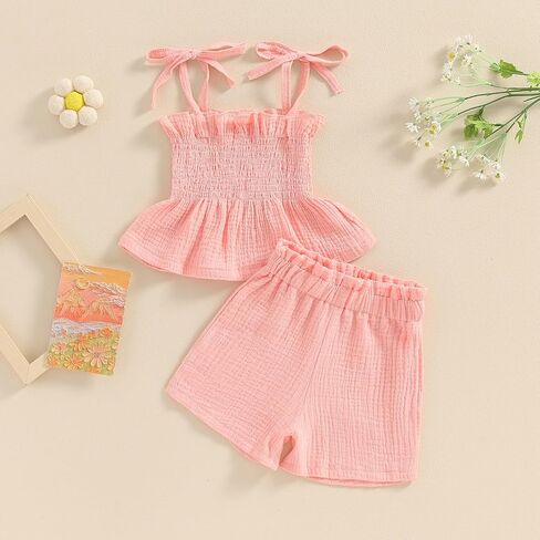 Hoanselay Toddler Baby Girl Summer Clothes Sleeveless Ruffle Crop Top and Cotton Linen shorts set Solid Color Outfit in Saudi Arabia