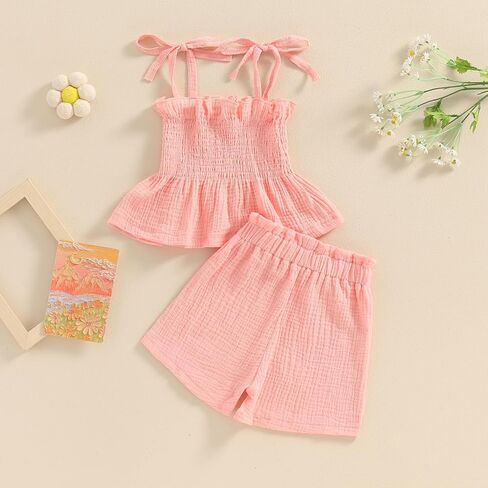 Hoanselay Toddler Baby Girl Summer Clothes Sleeveless Ruffle Crop Top and Cotton Linen shorts set Solid Color Outfit in Saudi Arabia