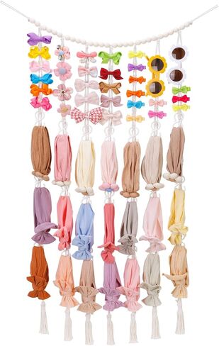 Headband Holder Hair Bows Organizer for Baby Girls, Macrame Bow Holder Hair Accessories Organizer, Wooden Beads Garland Bow Hanger Storage Wall Hanging Boho Decor for Baby Nursery Toddler Girls Room in Saudi Arabia