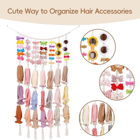 Headband Holder Hair Bows Organizer for Baby Girls, Macrame Bow Holder Hair Accessories Organizer, Wooden Beads Garland Bow Hanger Storage Wall Hanging Boho Decor for Baby Nursery Toddler Girls Room in Saudi Arabia