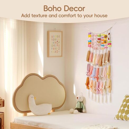Headband Holder Hair Bows Organizer for Baby Girls, Macrame Bow Holder Hair Accessories Organizer, Wooden Beads Garland Bow Hanger Storage Wall Hanging Boho Decor for Baby Nursery Toddler Girls Room in Saudi Arabia