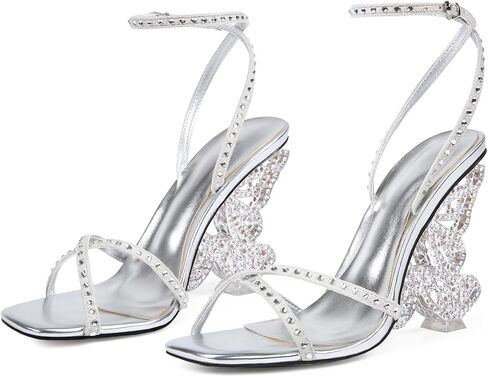 Rhinestone Butterfly High Heels for Women - Open Round Toe Stiletto Heel Sandals with Ankle Wrap Buckle Wedding,Prom,Evening Dressy Shoes in Saudi Arabia