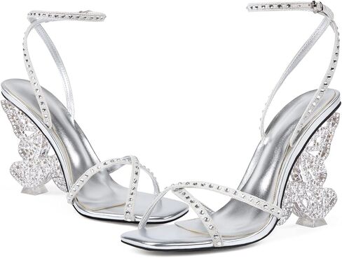 Rhinestone Butterfly High Heels for Women - Open Round Toe Stiletto Heel Sandals with Ankle Wrap Buckle Wedding,Prom,Evening Dressy Shoes in Saudi Arabia