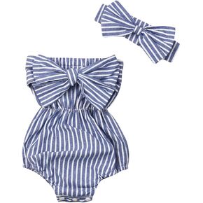 Infant Newborn Baby Girl Summer Outfits Bow Romper Tube Top Sleeveless Striped Jumpsuit Headband Fall Clothes