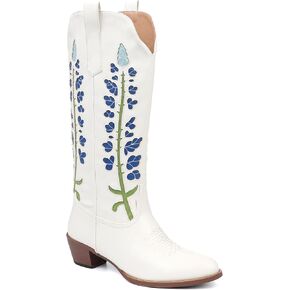 Cowboy Boots For Women, Cute Bluebonnet Floral Embroidered Fashion Country Boots Pointed Toe Chunky Heel Wide Calf Fancy Comfortable Pu Leather, Cowgirl Boots