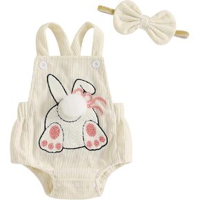 Easter Baby Girl Outfits Bunny Carrot Embroidery Romper Sleeveless Ruffles Backless Bodysuit Corduroy Rabbit Clothes