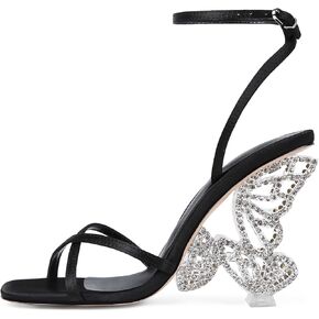 Rhinestone Butterfly High Heels for Women - Open Round Toe Stiletto Heel Sandals with Ankle Wrap Buckle Wedding,Prom,Evening Dressy Shoes
