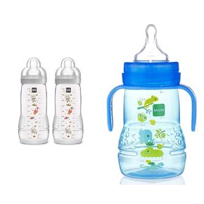 MAM Easy Active Bottle 11 oz (2-Count), Fast Flow Bottles, 4+ Month, Unisex, Gray & Plastic Trainer Cup (1 Count), Trainer Drinking Cup with Extra-Soft Spout