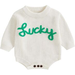 Newborn Baby Boy Girl St Patricks Day Outfit Embroidery Knit Sweater Bubble Romper Oversized Long Sleeve Bodysuit