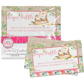 Amanda Creation “Guess Whooo" Owl Diaper Raffle Tickets for Baby Girl Showers, 20 2" X 3" Double Sided Insert Cards for Games, Bring a Pack of Diapers to Win Favors & Prizes!
