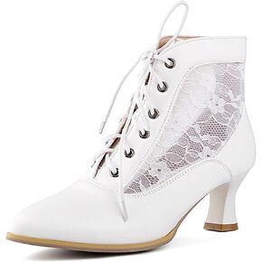 LanreyTaley Women's Lace Short Ankle Boots Lace Up Victorian Booties Vintage Kitten Heel Lace Wedding Bridal