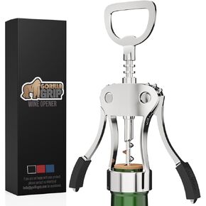 Gorilla Grip Powerful Ergonomic Wine Opener, Multifunctional Wing Corkscrew, Heavy Duty Manual Bottle Openers, Rust Resistant Zinc Alloy Cork Screw, Easy to Use, Dishwasher Safe, Bar Essentials, Black