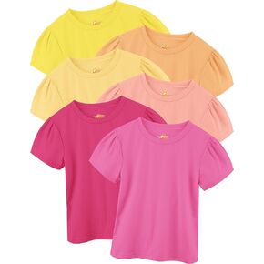 Toddler Girl Tshirt 6 Pack, Puff Sleeve Toddler Girl Short Sleeve Shirt with Round Neck, Cotton Short-Sleeve 3 Year Old Shirt Multicolor, 3T