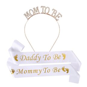 3 Piece Baby Shower Party Sash Mommy to Be Sash Daddy to Be Sash White Baby Shower Sashes Mum to Be Crown Hair Ornament for Pregnant Mommy to Be Gift Baby Welcome Party Decoration,A