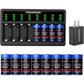 Pickle Power 123A Rechargeable Batteries 8 Pack with 8-Slots Charger for Arlo Camera VMC3030 VMK3200 VMS3330 3430 3530 and Flashlights
