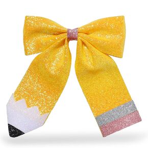 Back to School Pencil Hair Bows Clips, Painted Yellow Pencil School Girl Pigtail Glitter Leather Bows Clips Gifts for Toddler Kids Kindergarten 1st 2nd 3rd 4th 5th Grade (Large Pencil Bows 1Pcs)