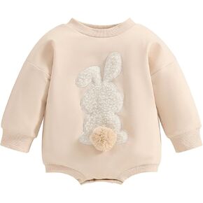 Easter Newborn Baby Girl Clothes Fuzzy Bunny Embroidery Jumpsuit Sweatshirt Long Sleeve Easter Romper Bodysuit