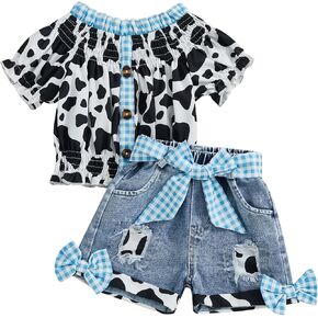 Emmababy Western Baby Girl Clothes Cow Print Shirt Off Shoulder Smocked Top and Jeans Shorts Cowgirl Outfit Toddler Denim Set