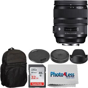 Sigma 24-70mm f/2.8 DG OS HSM Art Lens for Nikon F (576955) + Deluxe Digital Camera/Lens Padded Backpack + 32GB Memory Card + Photo4Less Cleaning Cloth - Top Value Basic Lens Accessory Bundle