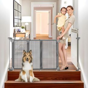 Punch Free Adjustable Pet Gates for Doorways No Drilling Sliding 32"-55" Wide Baby Gate for Stairs No Drill 28 Inch Tall Step Over Expandable Dog Gate Indoor Mesh Puppy Gates for The House (Black)