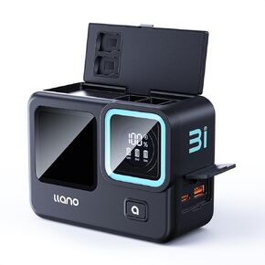 llano 3-in-1 3-Slot PD 30W Fast Battery Charger for GoPro Hero 12/11/10/9 and Enduro, with 12800mAh Built-in Pack, Storage Case, Real-Time Power Display, Compact & Travel-Friendly, Black
