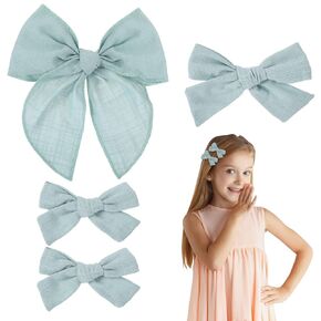 4 Pcs Pink Hair Bow, Cotton Linen Hair Bows, Girls Bows for Hair, Toddler Hair Bows for Girls Hair Accessories, Alligator Clips Knot Hair Bows for Girls, Light Pink Bow, 3 Styles & 3 Sizes