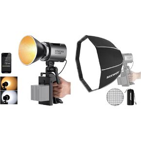 NEEWER MS60B LED Video Light 2.4G/APP Control, 65W Metal Mini Compact COB Continuous Output Lighting Spotlight 2700K-6500K, 40000lux@1m, Bowens Mount, Silver, NS4P Octagonal Softbox Included