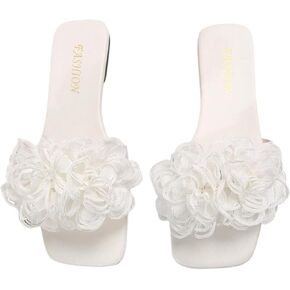OYOANGLE Women's 3D Floral Flat Sandals Square Open Toe PU Leather Slip on Slides