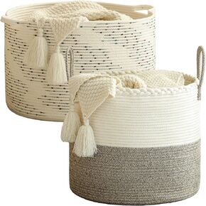 KAKAMAY Large Cotton Rope Blanket Basket,Woven Baby Laundry Hamper，Blanket Basket for Nursery, Laundry, Living Room, Pillows, Toys with Handles （White/Beige）