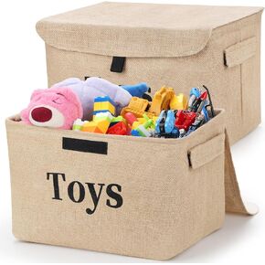 Toy Storage Box Organizer Baskets, 2 Pack Burlap Kids Toys Storage Baskets Bins with Lids & Metal Frame, Collapsible Toy Baskets for Closet Shelves, Nursery, Livingroom, Playroom, 15"x10"x9.8"