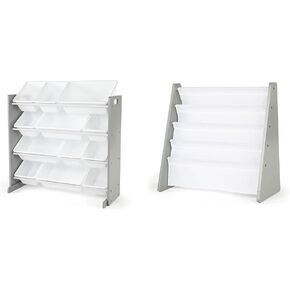 Humble Crew Kids Toy Organizer, Toddler, Grey/White & Crew Kids Book Rack Storage Bookshelf, Grey/White