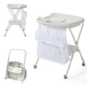 Sweeby Baby Changing Table, Large Diaper Organizer for Baby Essentials,Adjustable Height and Portable, Waterproof Changing Table Pad Topper, Mobile Nursery for Infant and Newborn, Cream