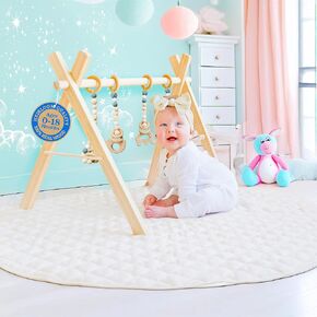 Poppyseed Play - Wooden Baby Play Gym, Montessori Activity Center w/Hanging Beech Wood Toys, Foldable Natural Pine Wood Frame, Portable Infant Play Gym, Motor Skill Development & Modern Nursery Decor