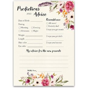BOHO Prediction and Advice Cards - Pack of 25 - BOHEMIAN Pink GIRL Baby Shower Games, Floral Wishes for New Parents Mom & Dad to be Mommy & Daddy Message, Coed Shower Activity Keepsake Book G400-PDAV