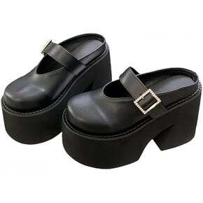 Women's Leather Platform High Heel Mules with Adjust Buckle Strap Fashion Comfortable Closed Round Toe Chunky Increase Height Clogs for Nightclub Party Dress Slippers