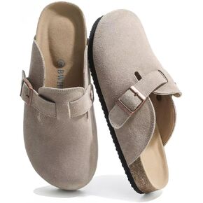 Suede Clogs for Women Leather Mules with Cork Footbed Arch Support Potato Shoes Men Womens Slip-On Clog with Adjustable Buckle Unisex Slippers Flats