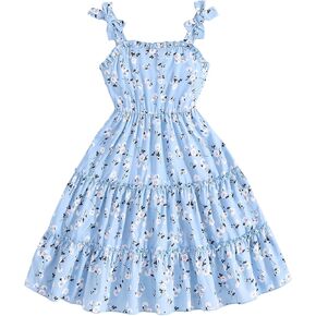 SweatyRocks Girl's Ditsy Floral Print Bow High Waist Ruffle Trim Flared A Line Cami Dress