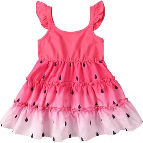 WISREMT Baby Girl Sleeveless Printed Summer Dress Ruffle Flying Sleeve Toddler Girl Watermelon Strawberry Sundress 1-5 Years