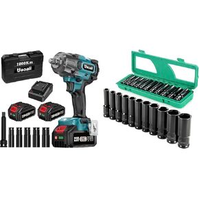 1000N.m(738ft-lbs) Cordless Impact Wrench High Torque+ Professional Socket Set Wrench Kit, 11-Piece