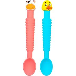3-in-1 Baby Spoon™ – Soft Silicone Self-Feeding Utensils for Baby Led Weaning, Easy Grip, BPA-Free, Dishwasher Safe, 2-Pack – Cow & Duck