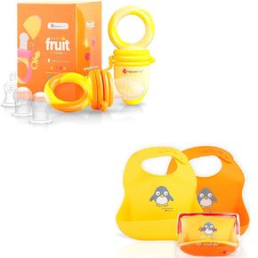 NatureBond Baby Food/Fruit Feeder (2 Pack) and Silicone Baby Bibs (Set of 2 w/Carry Pouch) Bundle