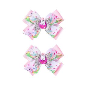 2 Pack Cute Easter Bunny Hair Bows Ribbon Clips Girls Women Rabbit Spring Hair Accessories.(FH6) (Pink)