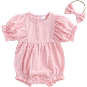 Bagilaanoe Summer Outfit Infant Baby Girl Clothes Short Sleeve Romper Bodysuit Solid Color Jumpsuit Headband