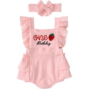 Baby Girl First Birthday Outfit 1st Birthday Romper Embroidery Strawberry One Year Old Girl Bday Bodysuit+Headband