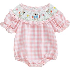 Newborn Baby Girl Bubble Romper Short Sleeve Doll Collar Bodysuit Infant Smocked Outfit Cute Summer Clothes